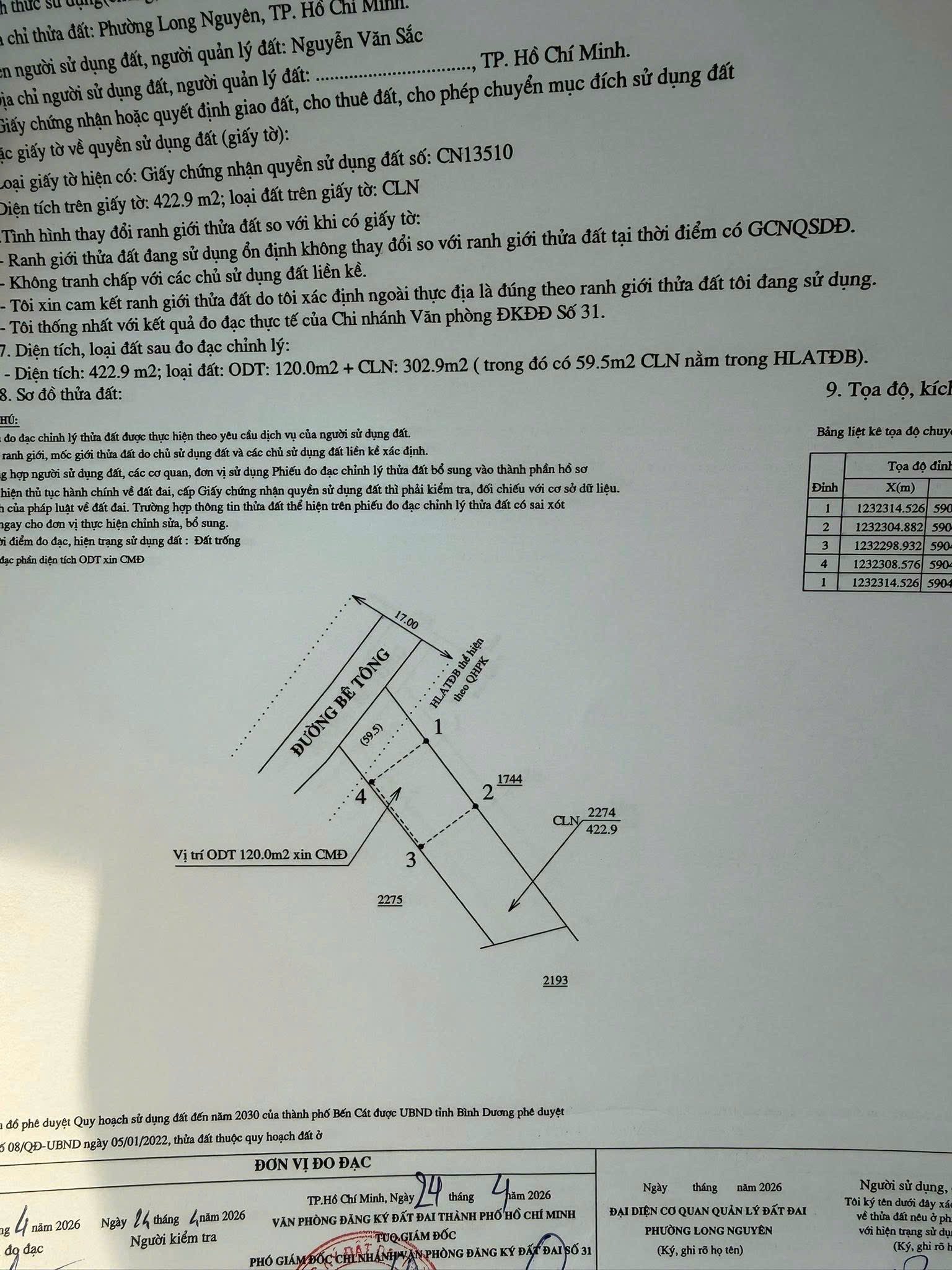Bán đất 422,9m² có sẵn 120m² thổ cư ngang 11m giá 2.65 tỷ tại Phường Long Nguyên