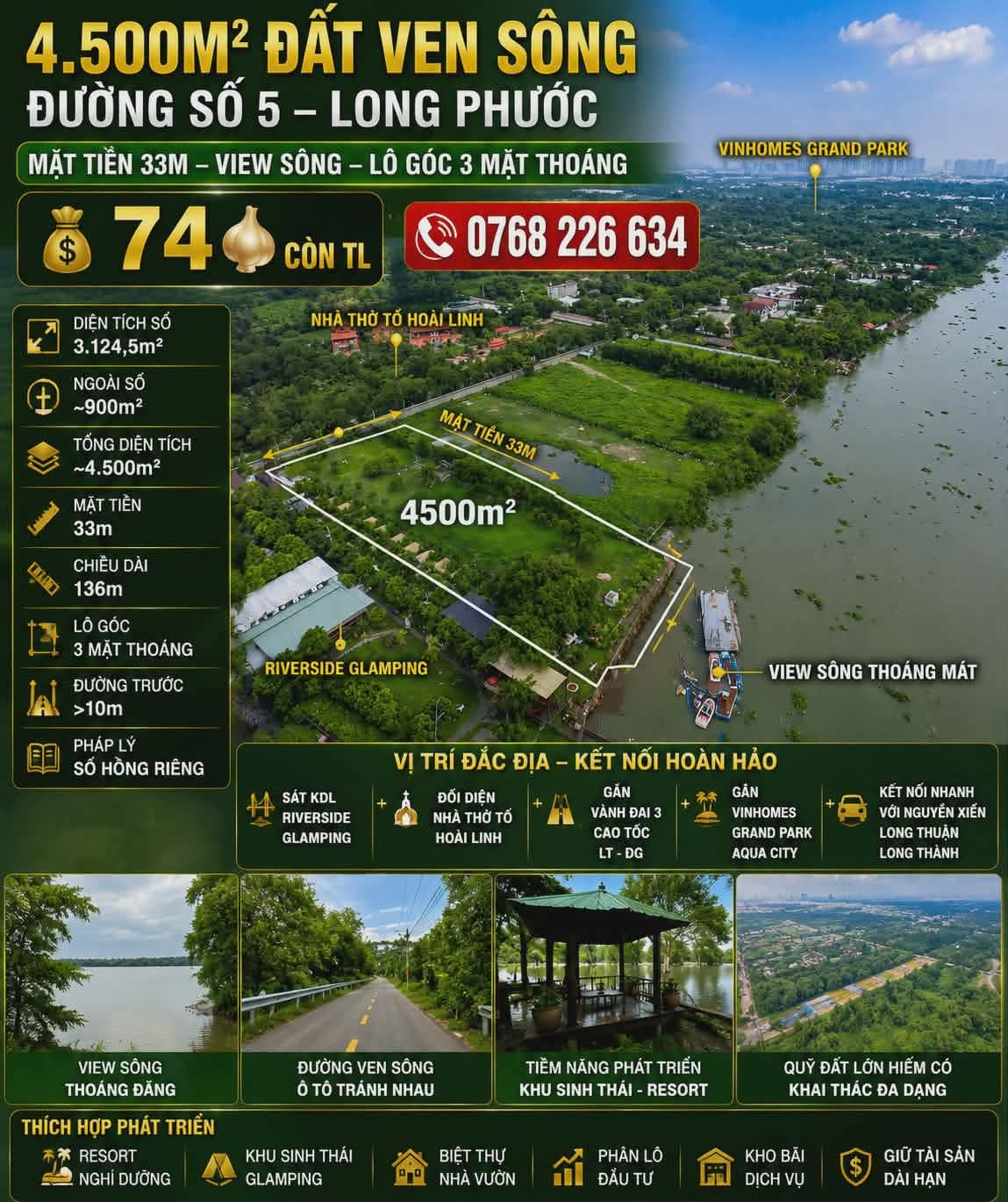 🏞️ 4.500M² ĐẤT VEN SÔNG ĐƯỜNG SỐ 5 LONG PHƯỚC. MẶT TIỀN 33M. VIEW SÔNG. 💰74🧄 CÒN TL. 📱0768 226 634