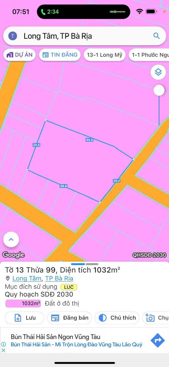 - 1.000m2 có 300m2 thổ cư, Phường Long Tâm, TP Bà Rịa , Khu Trại Ếch