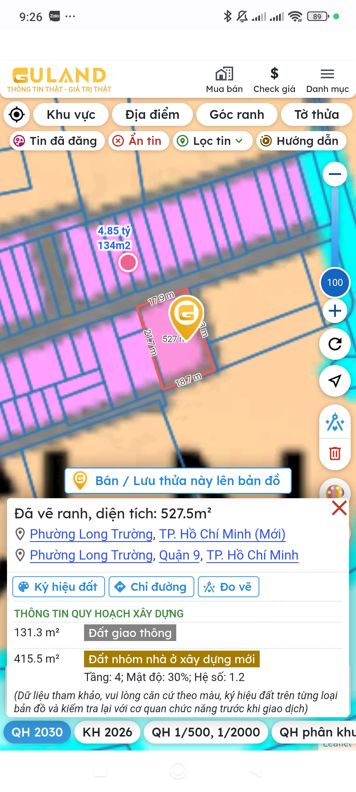 Bán gấp đất đường số 9 Tam Đa Long Trường Quận 9 diện tích 524.8m² có sẵn 388.4m² thổ cư ngang 18m giá 31tr/m2~ 16 tỷ