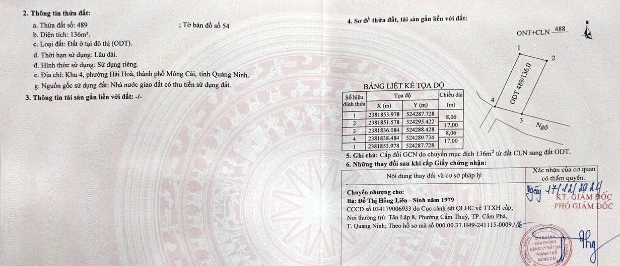 Bán đất 136.7m² có sẵn 136m² thổ cư ngang 8m giá 1.8 tỷ tại Phường Móng Cái 1