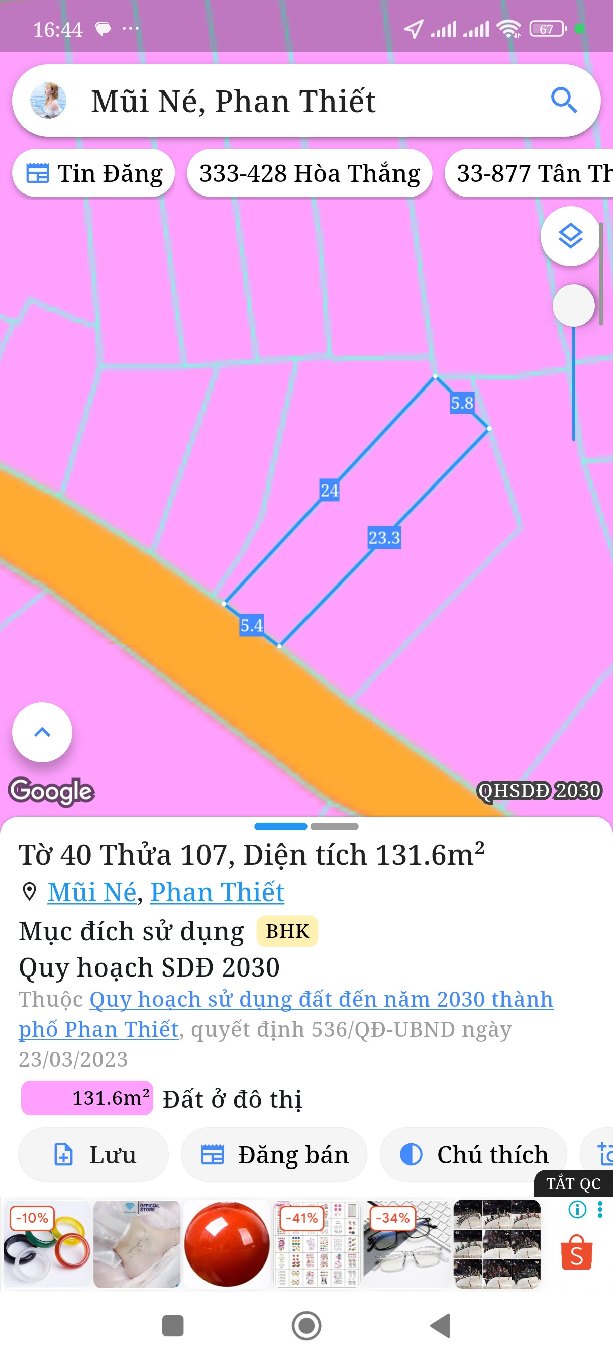 Bán đất 131,6m² full thổ cư ngang 5,4m giá 1.2 tỷ tại Phường Mũi Né