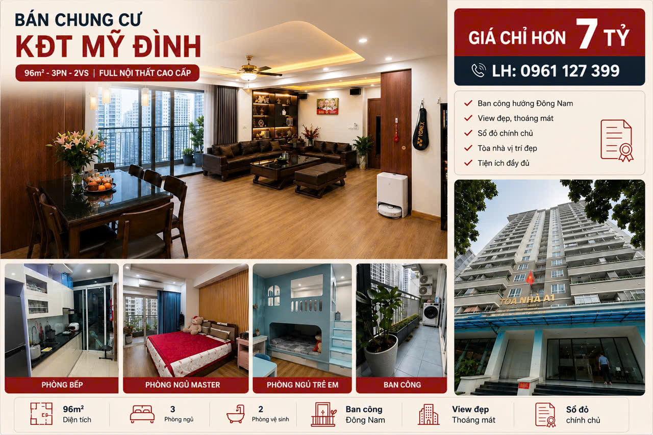 Bán chung cư A1 Nguyễn Cơ Thạch 96m 3pn 1 phòng thờ full đồ ban công ĐN view giá 7,58 tỷ