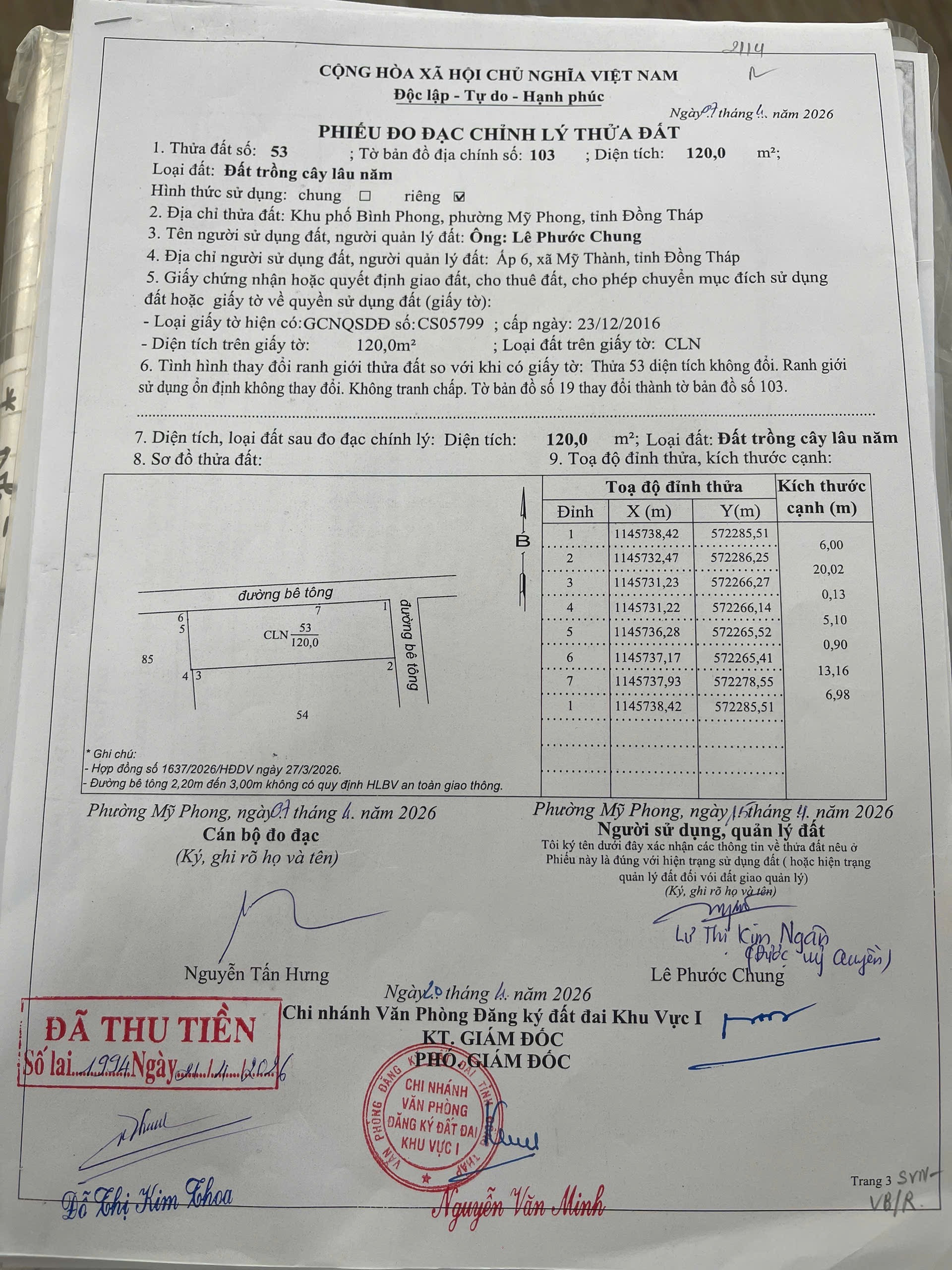 Bán 120m² đất CLN 2 mặt tiền đường đan 3m thuộc Bình Phong, Tân Mỹ Chánh