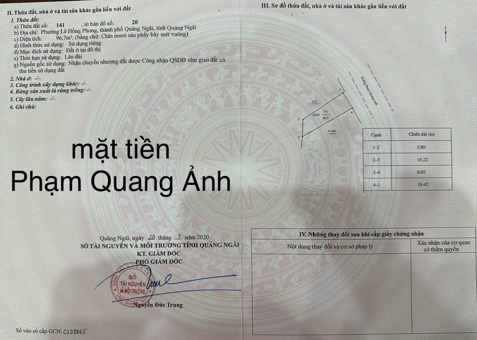 Bán đất 96.8m² full thổ cư ngang 5.8m giá 3.4 tỷ tại Phường Nghĩa Lộ