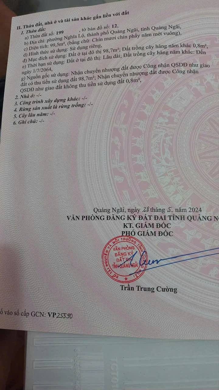 Bán đất 99.5m² có sẵn 98.7m² thổ cư ngang 4.27m giá 1.02 tỷ tại Phường Nghĩa Lộ