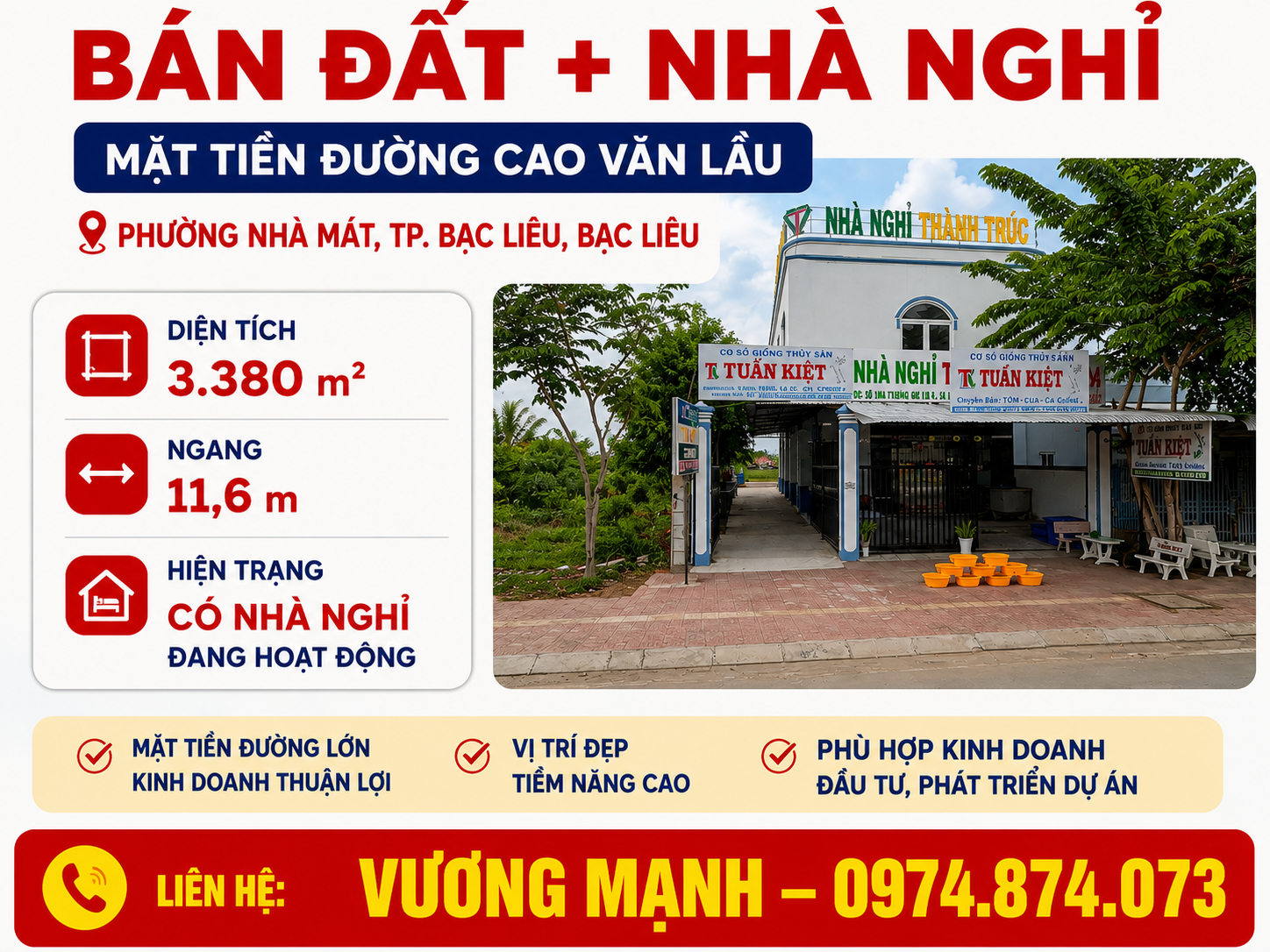 BÁN ĐẤT CÓ NHÀ NGHỈ MẶT TIỀN CAO VĂN LẦU, PHƯỜNG NHÀ MÁT, TP. BẠC LIÊU