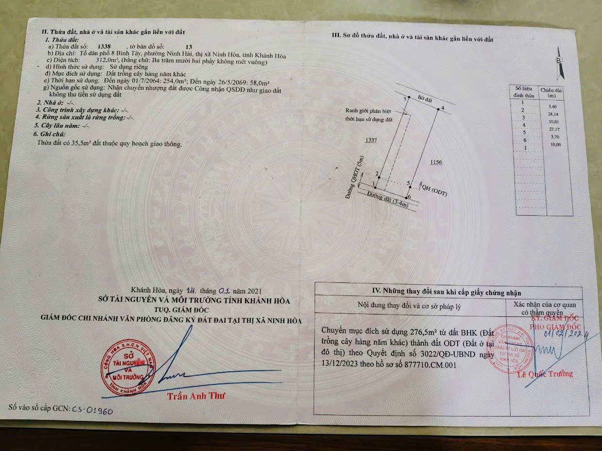 Lh 0938 156 791 Hiếu 
CÁCH BIỂN DỐC LẾCH TẦM 1 Km 

💥Tổ Dân Phố 8 Bình Tây- P. Ninh Hải

👉DT: 312m( ngang 10m x 30,87m) Full thổ cư - chia dc 2 lô 
qh thành 2 mặt tiền 
👉Đường  6m oto vào Tận đất, 
2tỷ850 tl