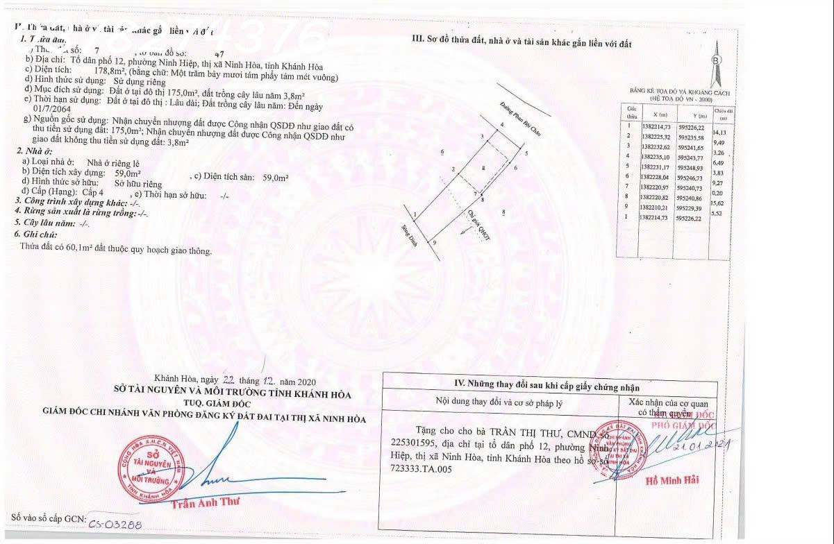 Chính chủ cần bán nhà 2 mặt tiền đường Phan Bội Châu, Ninh Hòa, DT 178,8m2, giá 4,5 tỷ