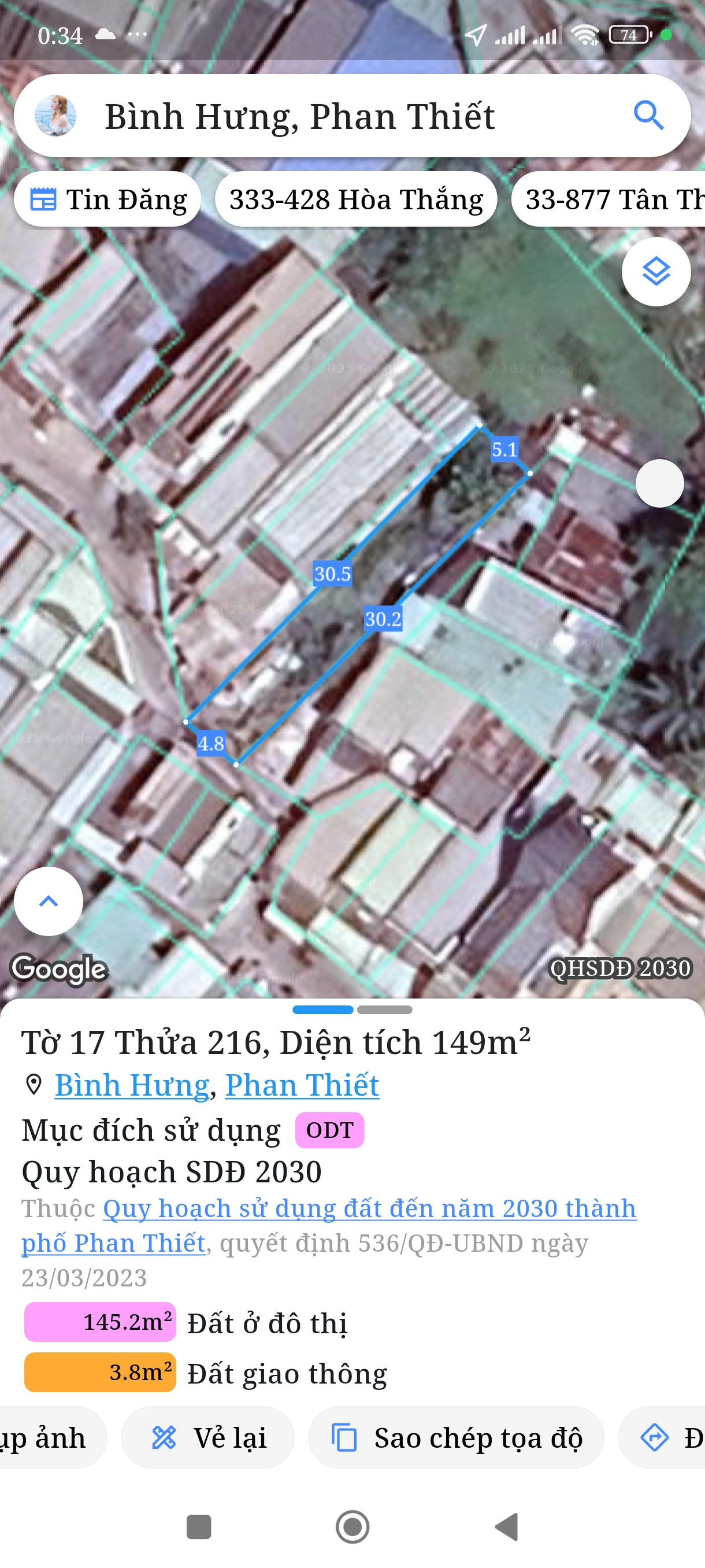 Bán đất 149m² full thổ cư ngang 4,8m giá 1.85 tỷ tại Phường Phan Thiết