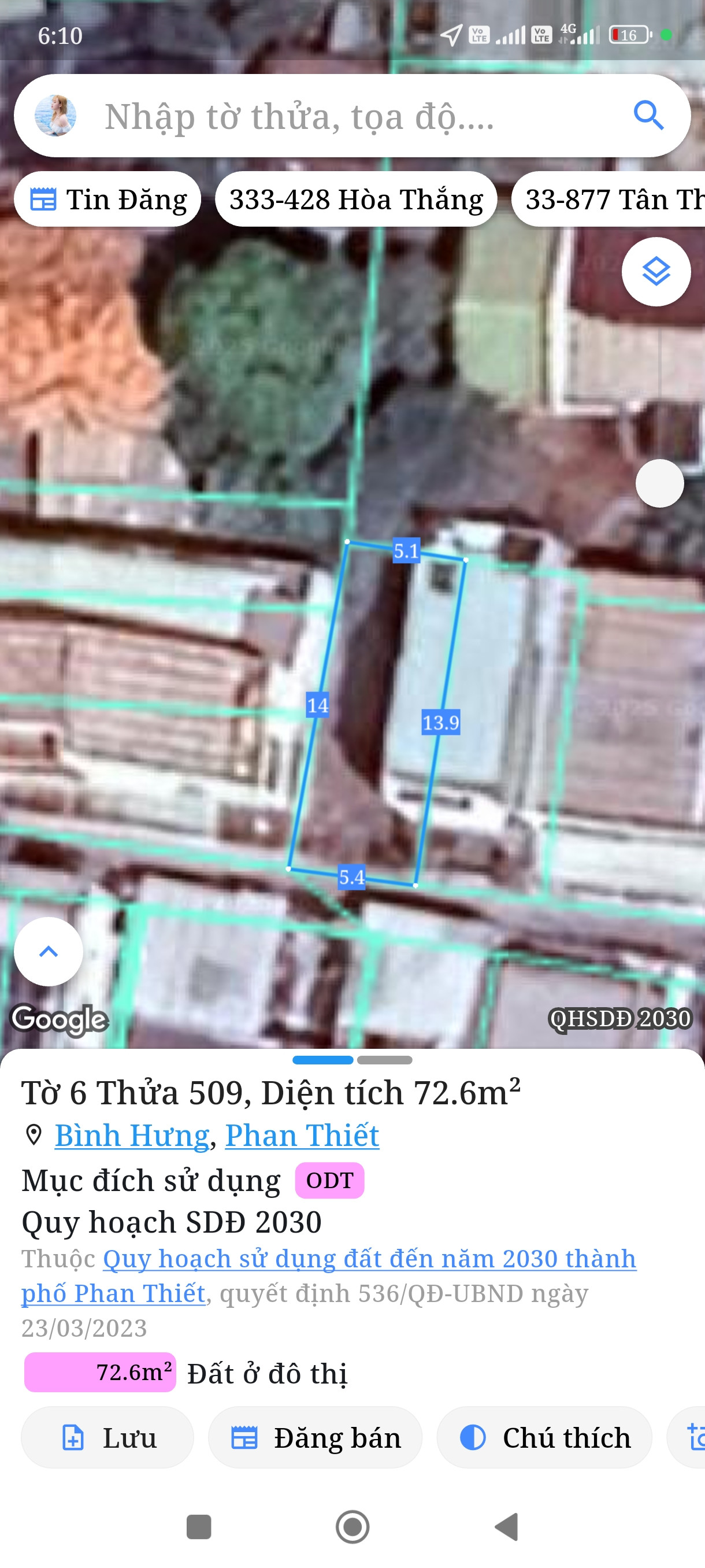 Bán đất 72m² full thổ cư ngang 5m giá 1.86 tỷ tại Phường Phan Thiết