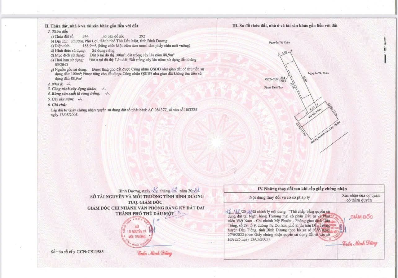Bán đất 188,9m² có sẵn 100m² thổ cư ngang 5m giá 9.5 tỷ tại Phường Phú Lợi