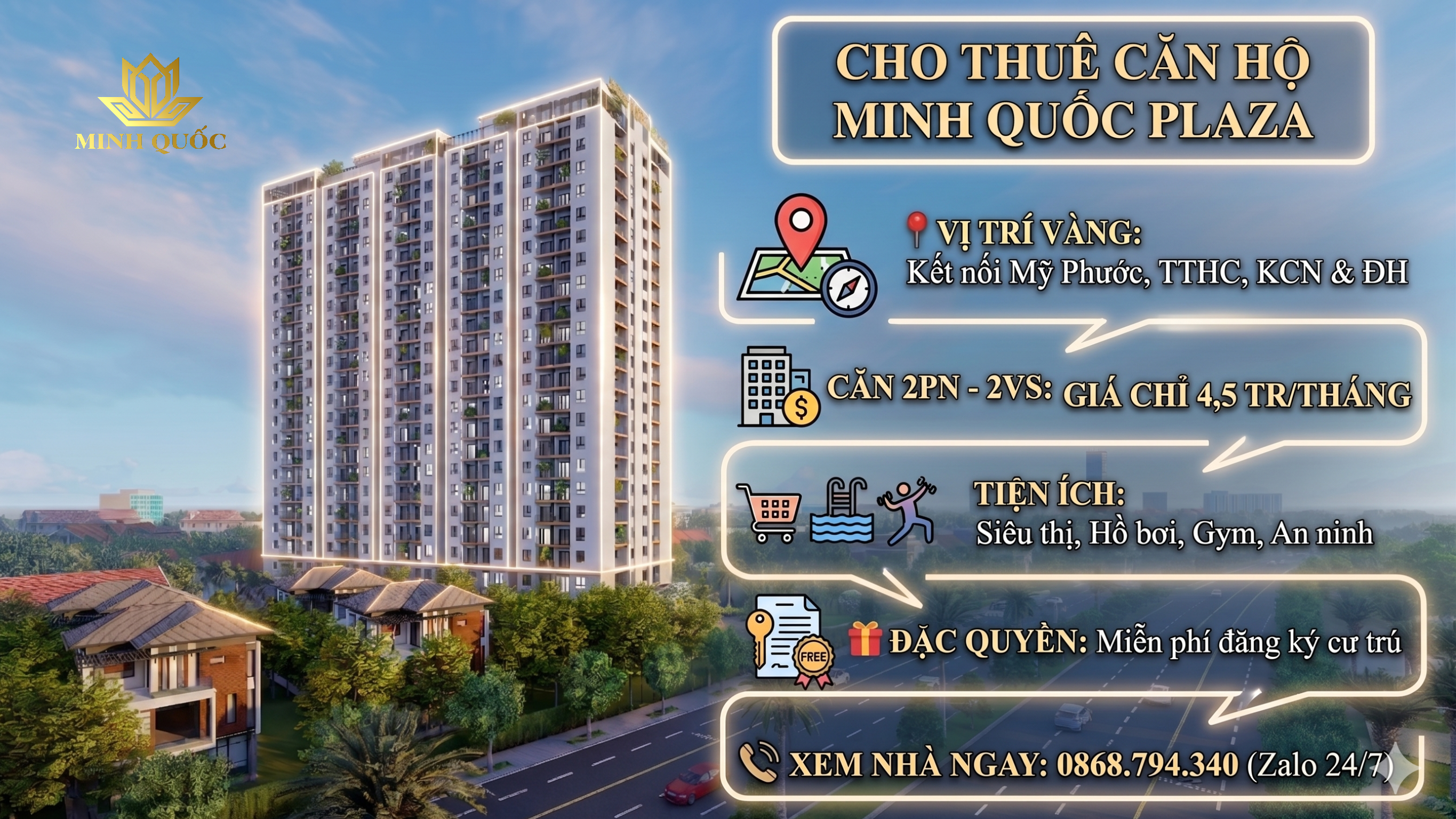 🏢 CHO THUÊ CĂN HỘ MINH QUỐC PLAZA – HỖ TRỢ ĐĂNG KÝ CƯ TRÚ MIỄN PHÍ