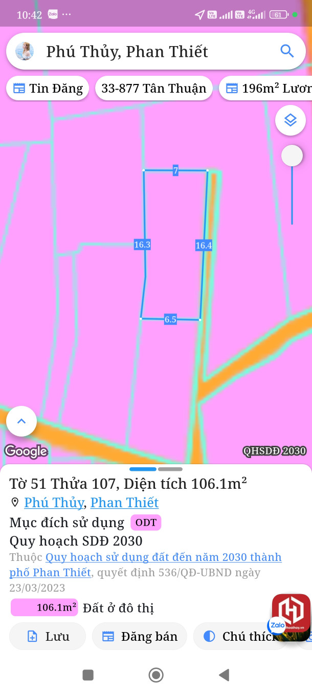 Bán đất 108m² full thổ cư ngang 18m giá 890 triệu tại Phường Phú Thủy