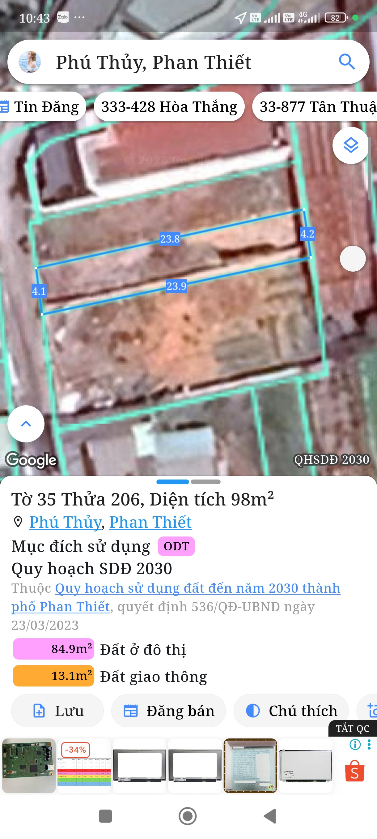 Bán đất 98m² full thổ cư ngang 4m giá 1.6 tỷ tại Phường Phú Thủy