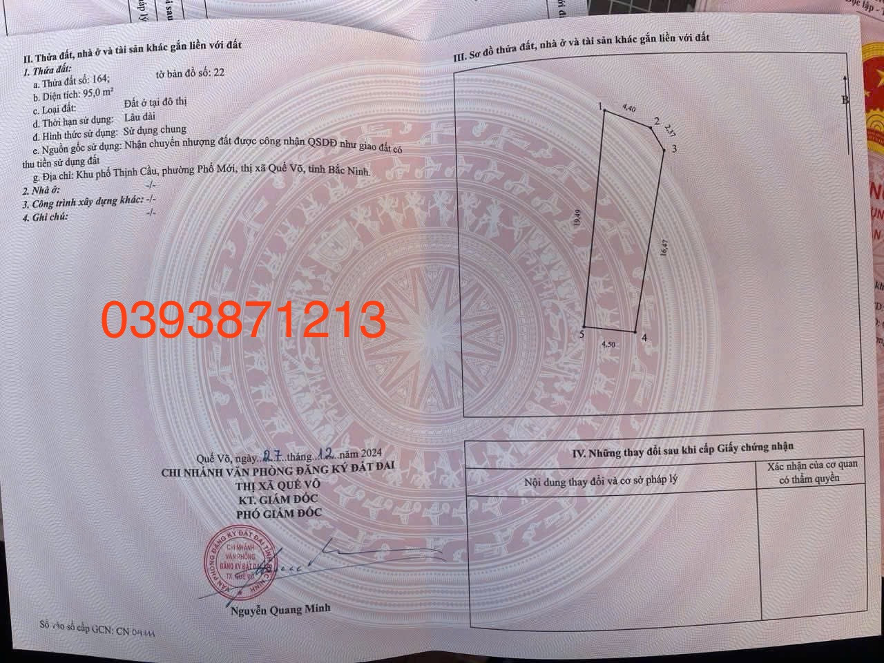 Bán đất 95m² ngang 4,5m giá 4.1 tỷ Phường Quế Võ