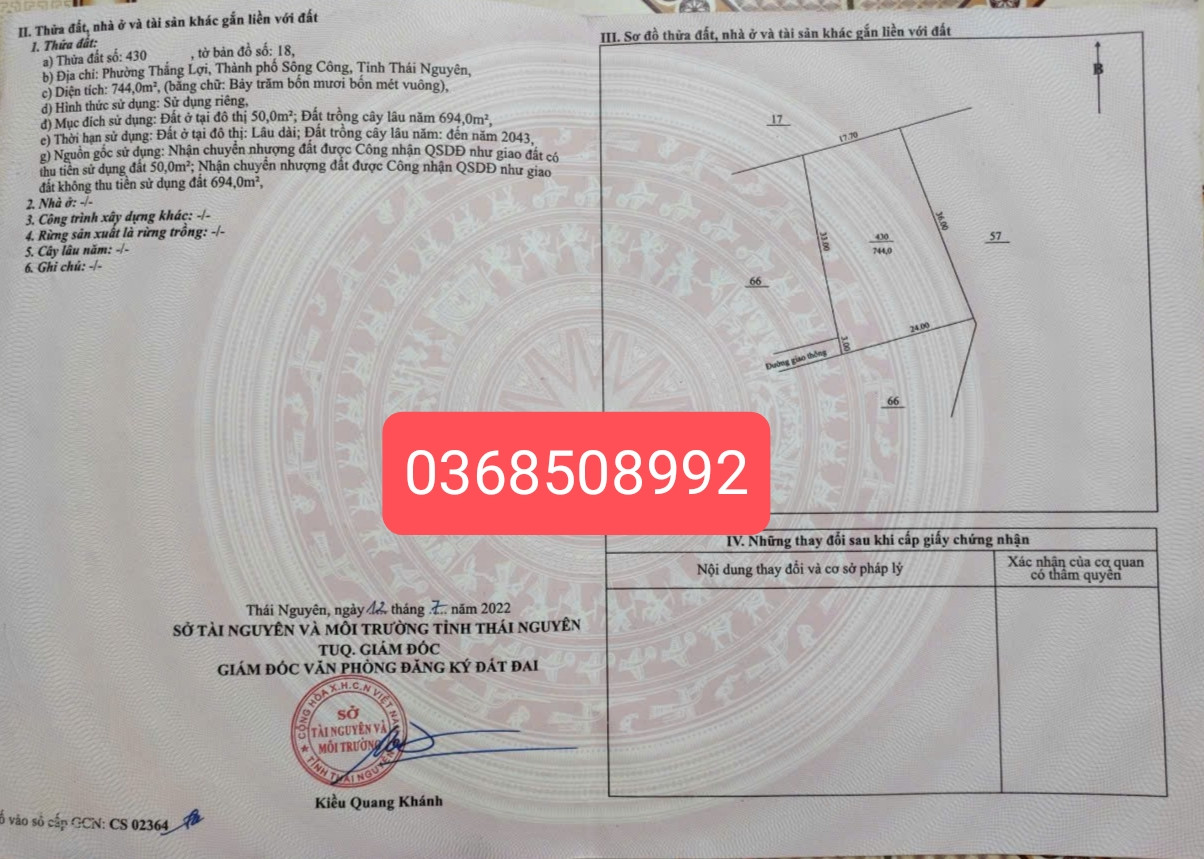Bán đất 774m² ngang 24m giá 1.4 tỷ Phường Sông Công
