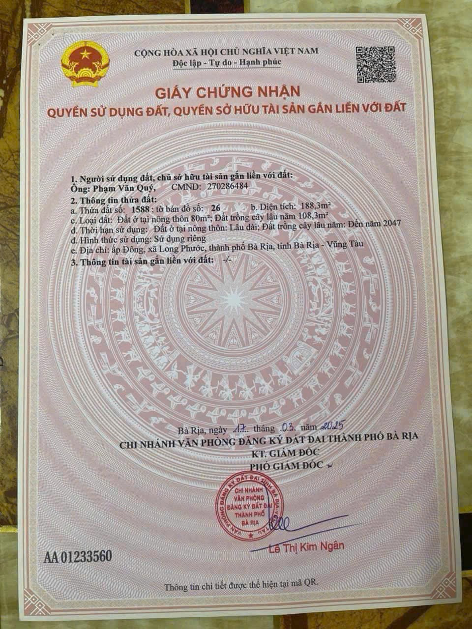 Bán đất 188,3m² ngang 10m giá 1.68 tỷ Phường Tam Long Bà Rịa