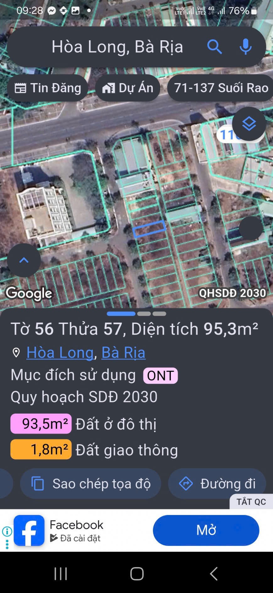 Bán đất 95.3m² ngang 5.2m giá 1.93 tỷ Phường Tam Long