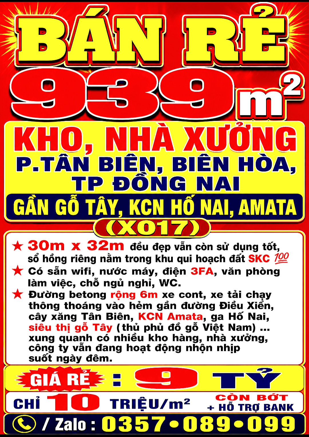 BÁN RẺ 939m2 KHO, NHÀ XƯỞNG P.TÂN BIÊN, BIÊN HÒA, TP ĐỒNG NAI, GẦN GỖ TÂY, KCN HỐ NAI, AMATA (X017)