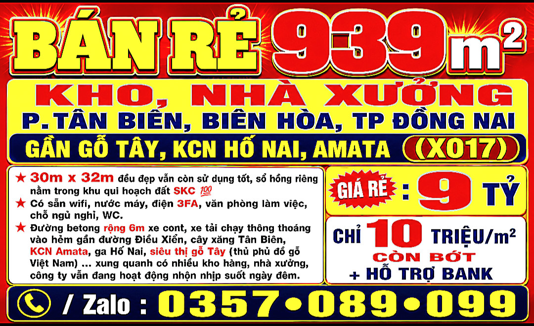 BÁN RẺ 939m2 KHO, NHÀ XƯỞNG P.TÂN BIÊN, BIÊN HÒA TP ĐỒNG NAI GẦN GỖ TÂY, KCN HỐ NAI, AMATA