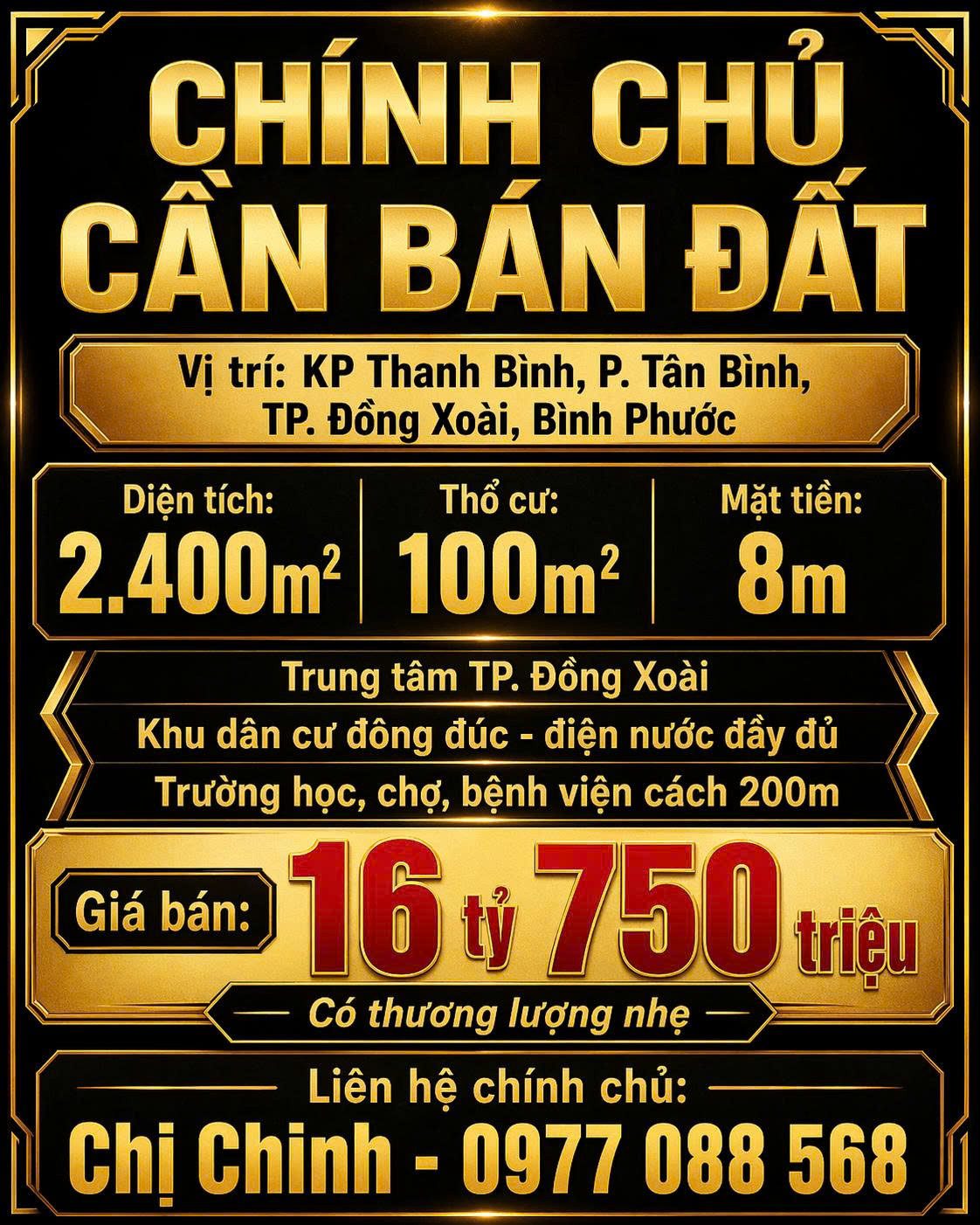 BÁN ĐẤT CHÍNH CHỦ 2400M2 TẠI TP ĐỒNG XOÀI CHỈ 16 TỶ 750 TRIỆU. LH:0977088568.