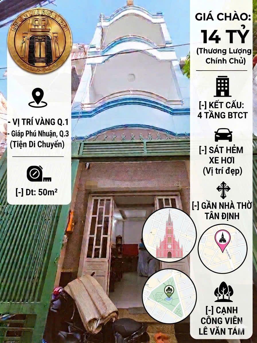 QUẬN 1, P. TÂN ĐỊNH, NHÀ 4 TẦNG BTCT GẦN NHÀ THỜ TÂN ĐỊNH, 50M2, SHR, HOÀN CÔNG ĐỦ
