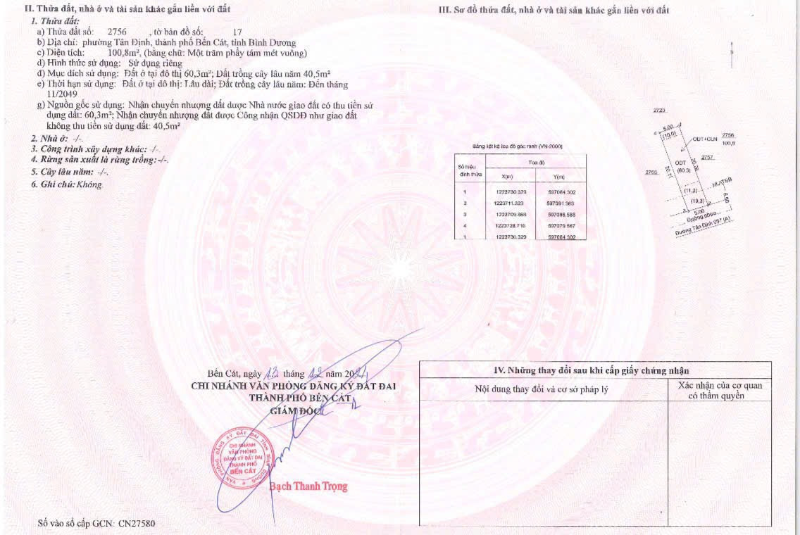 Bán đất 100m² ngang 5m giá 1.2 tỷ tại Phường Tân Định Thị xã Bến Cát