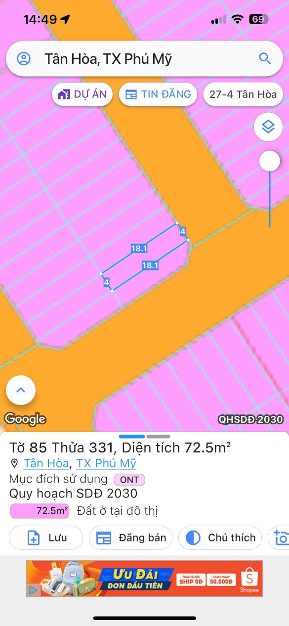 Bán đất 72.9m² ngang 4m giá 1.55 tỷ Phường Tân Hải