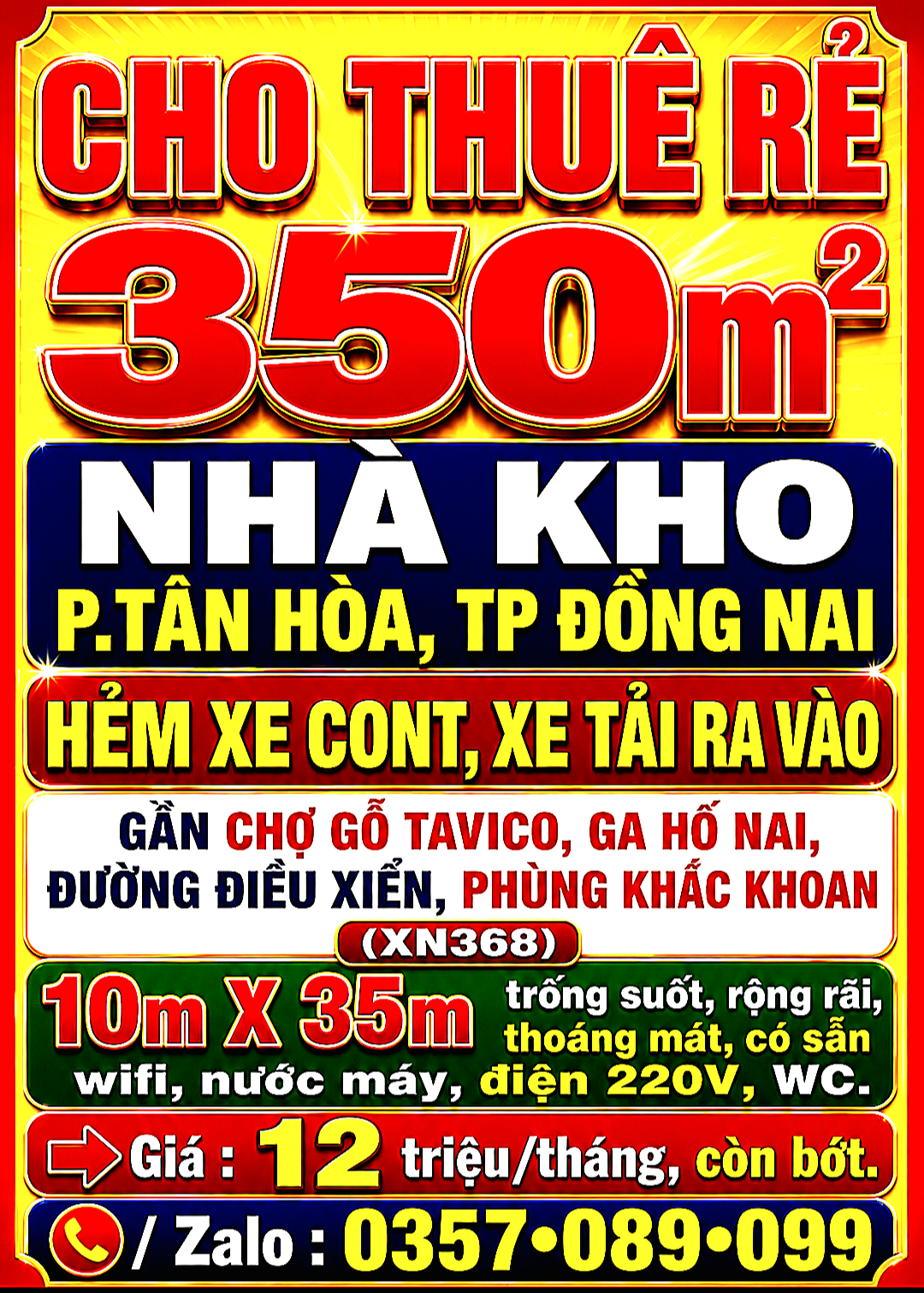 CHO THUÊ RẺ 350m2 NHÀ KHO P.TÂN HÒA, HẺM GẦN CHỢ GỖ TAVICO, GA HỐ NAI, ĐƯỜNG ĐIỀU XIỂN, PHÙNG KHẮC KHOAN