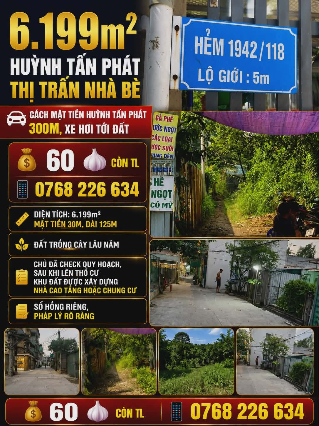 🏡 6.199m² Huỳnh Tấn Phát, Thị Trấn Nhà Bè
🚗 Cách mặt tiền Huỳnh Tấn Phát 300m, xe hơi tới đất
💰 60 🧄 Còn TL | 📱 0768 226 634