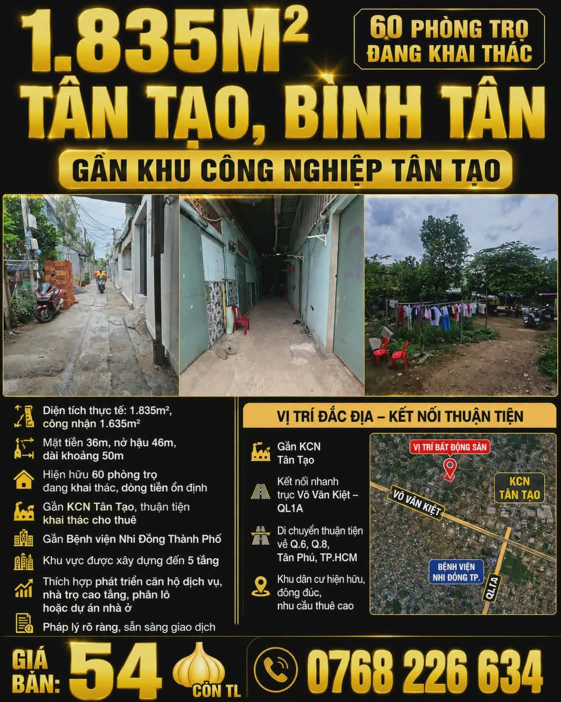 🏡 1.835M² TÂN TẠO, BÌNH TÂN. 60 PHÒNG TRỌ ĐANG KHAI THÁC. GẦN KCN TÂN TẠO. 💰54🧄 CÒN TL. 📱0768 226 634