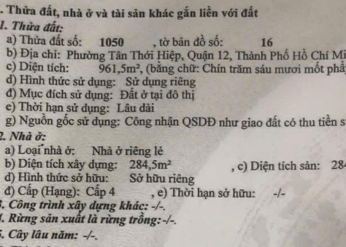 Bán đất 961m² giá 31.8 tỷ Phường Tân Thới Hiệp