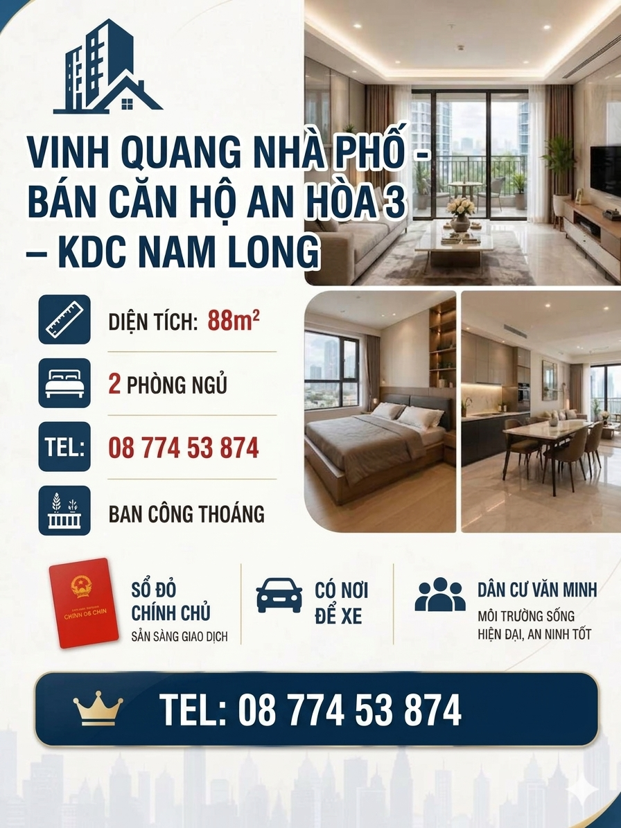 CHÍNH CHỦ BÁN CĂN HỘ AN HÒA 3 – KDC NAM LONG – DIỆN TÍCH RỘNG RÃI 88M²