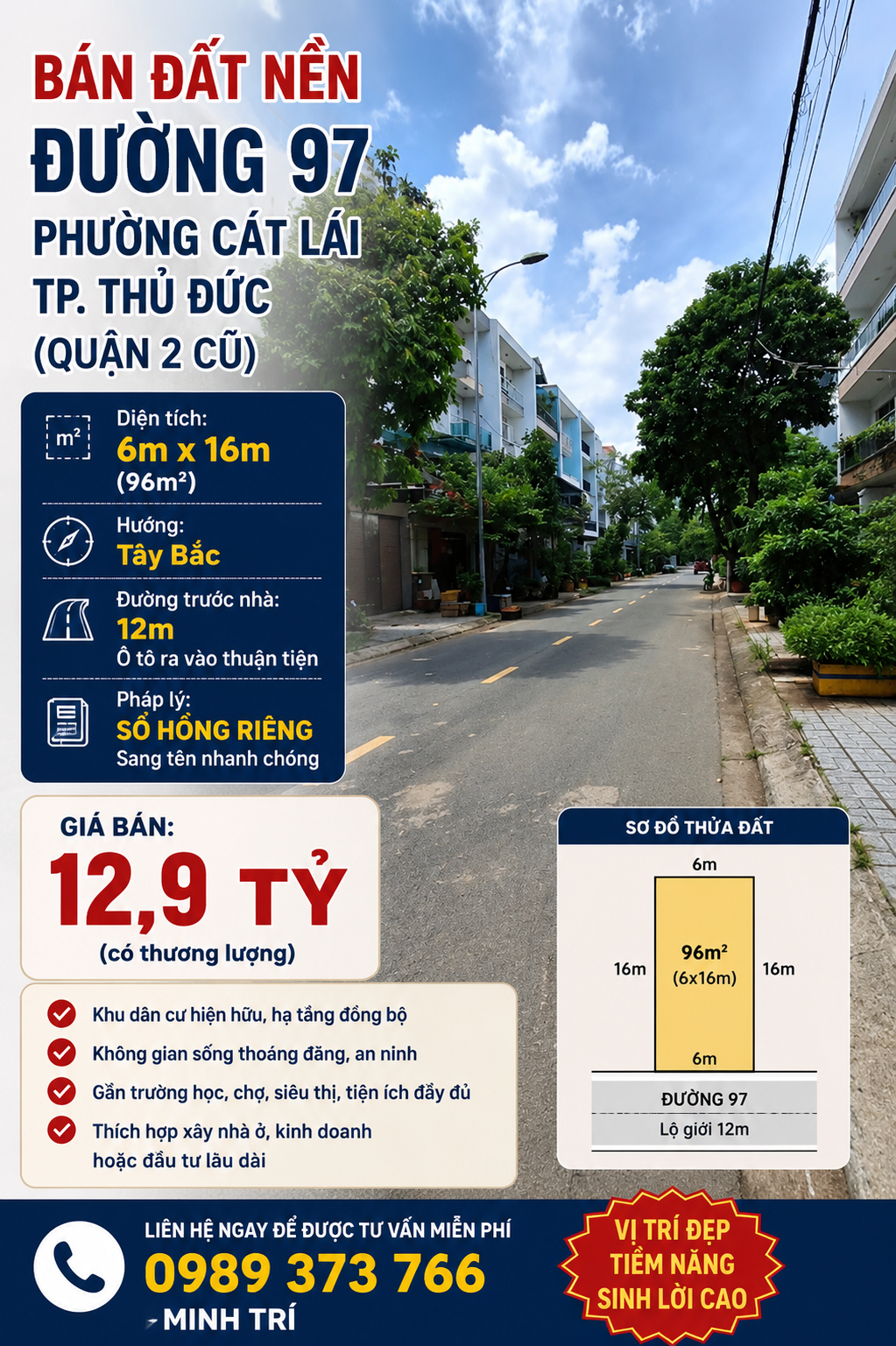 Bán đất lô B khu dân cư số 1 Thạnh Mỹ Lợi Q2, đt 6x16m, sổ đỏ vị trí đẹp, chốt giá tốt tìm khách thiện chí (0989373766)