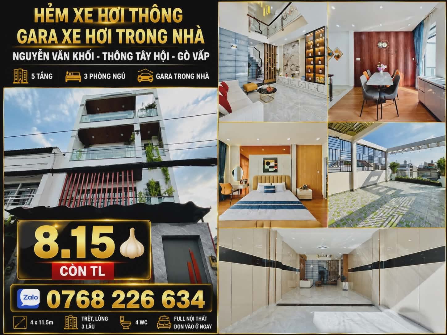 HẺM XE HƠI THÔNG, GARA XE HƠI TRONG NHÀ, NGUYỄN VĂN KHỐI, THÔNG TÂY HỘI, GÒ VẤP, 5 TẦNG, 3 PN 💰 8.15 🧄 📱 0768 226 634