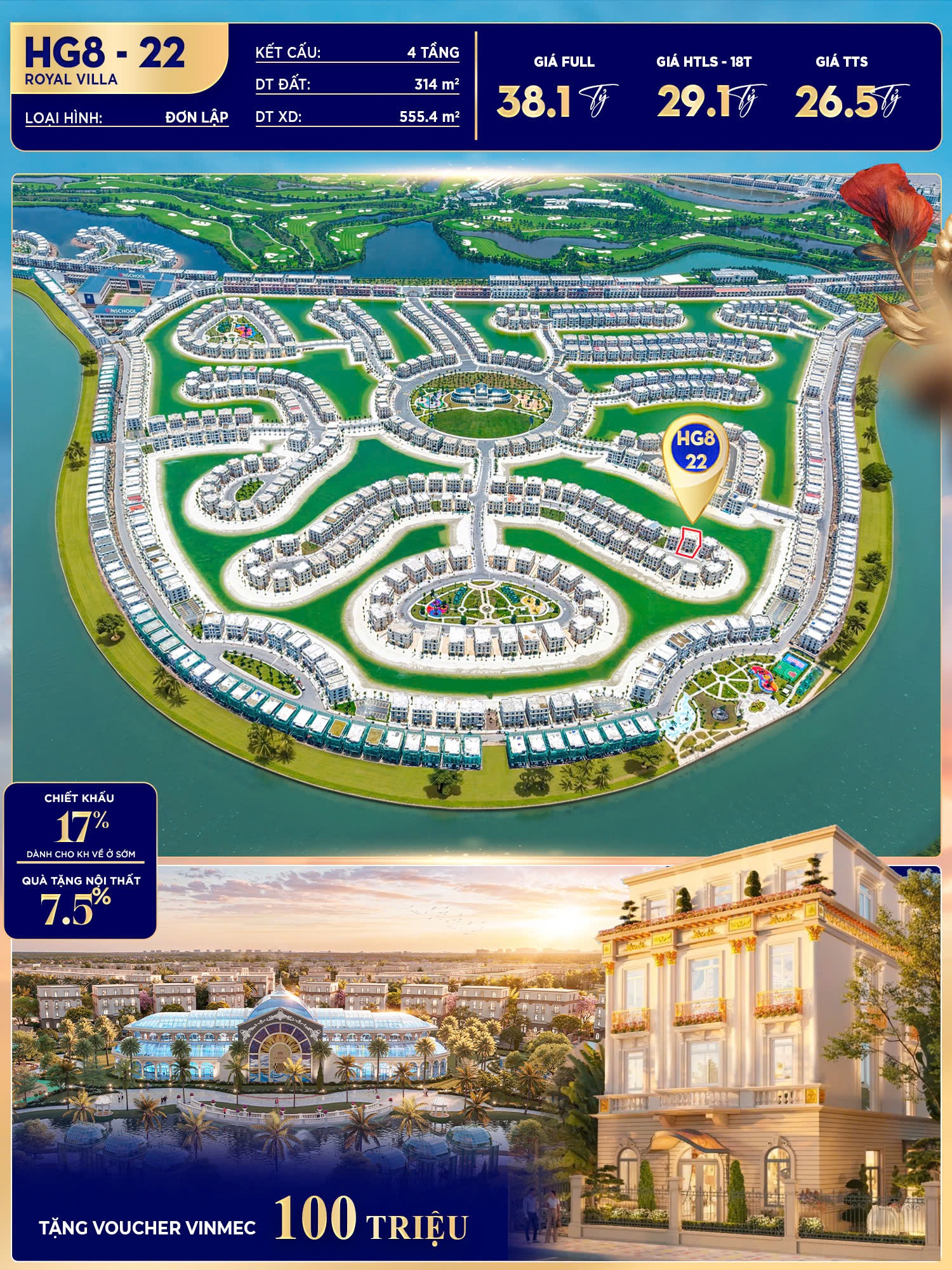 Bán biệt thự dát vàng Hoàng Gia HG8-22  314m² giá 26.5 tỷ Vinhomes Vũ Yên.