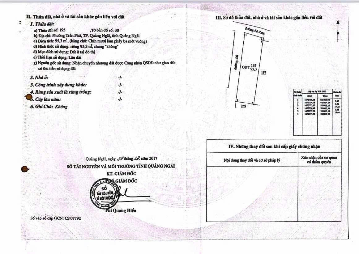 Bán Nhà riêng 93m2 có sẵn 93 m2 thổ cư giá 2.3 tỷ tại Phường Trần Phú Thành phố Quảng Ngãi Quảng Ngãi