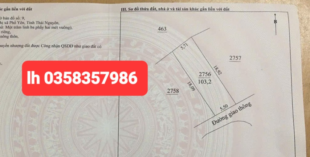 Bán đất 103.2m² ngang 5.71m giá 1.35 tỷ Phường Trung Thành