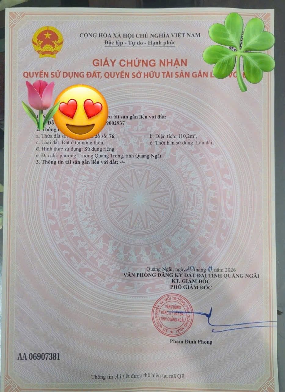 Bán đất 110m² full thổ cư ngang 5m giá 770 triệu tại Phường Trương Quang Trọng