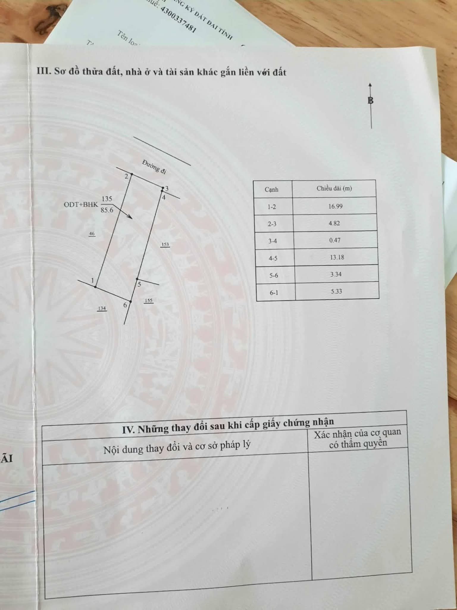 Bán đất 85.6m² có sẵn 75.8m² thổ cư ngang 5.3m giá 450 triệu tại Phường Trương Quang Trọng