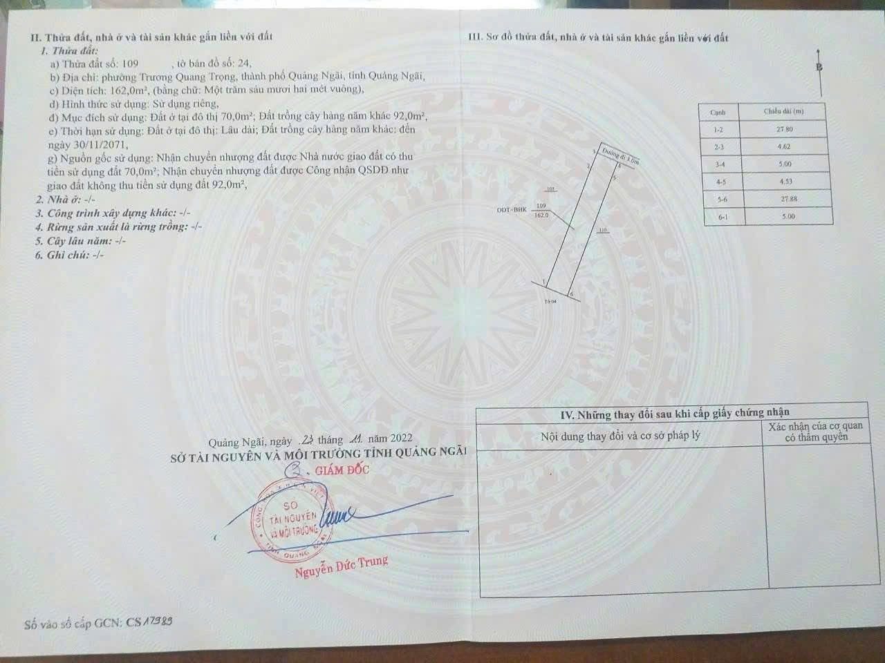 Lô đất chính chủ cần muốn bán ở phường Trương Quang Trọng, thành phố Quảng Ngãi
 Diện tích 5x32
