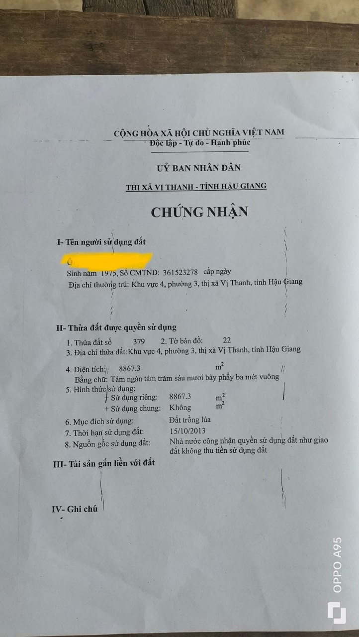 Bán đất 8867m² ngang 48,76m giá 2.4 tỷ Phường Vị Thanh, TP Cần Thơ