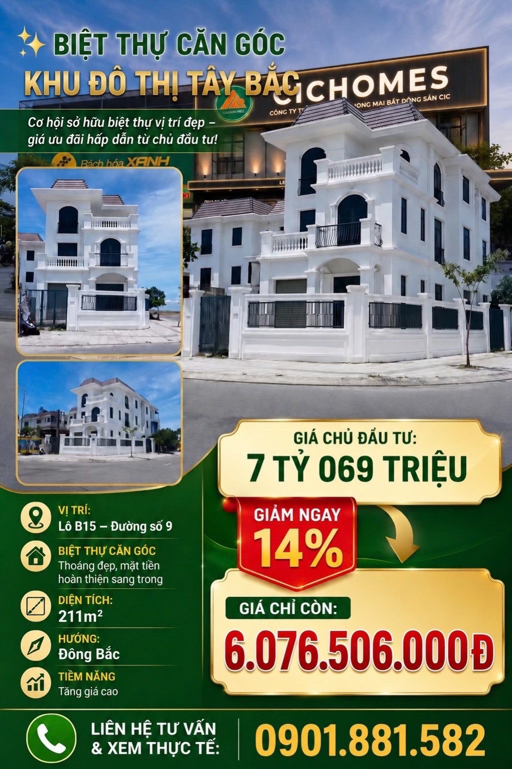 BÁN BIỆT THỰ TÂY BẮC - CHỈ CÒN DUY NHẤT 1 CĂN GÓC - CĐT GIẢM MẠNH 14% CHỈ CÒN 6 TỶ