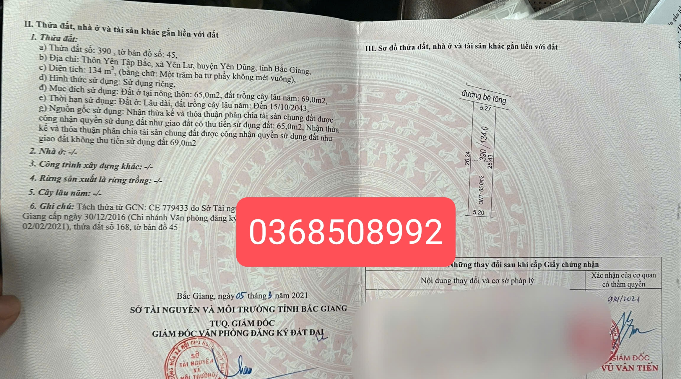 Bán đất 134m² ngang 5,2m giá 1.88 tỷ Phường Yên Dũng