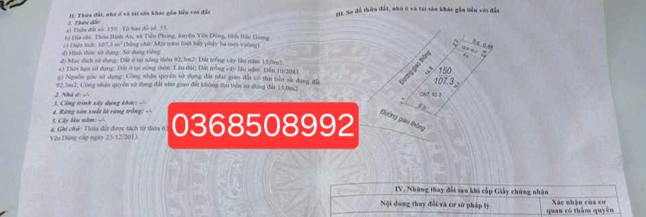 Bán đất 107m² ngang 6m giá 1.9 tỷ Phường Yên Dũng