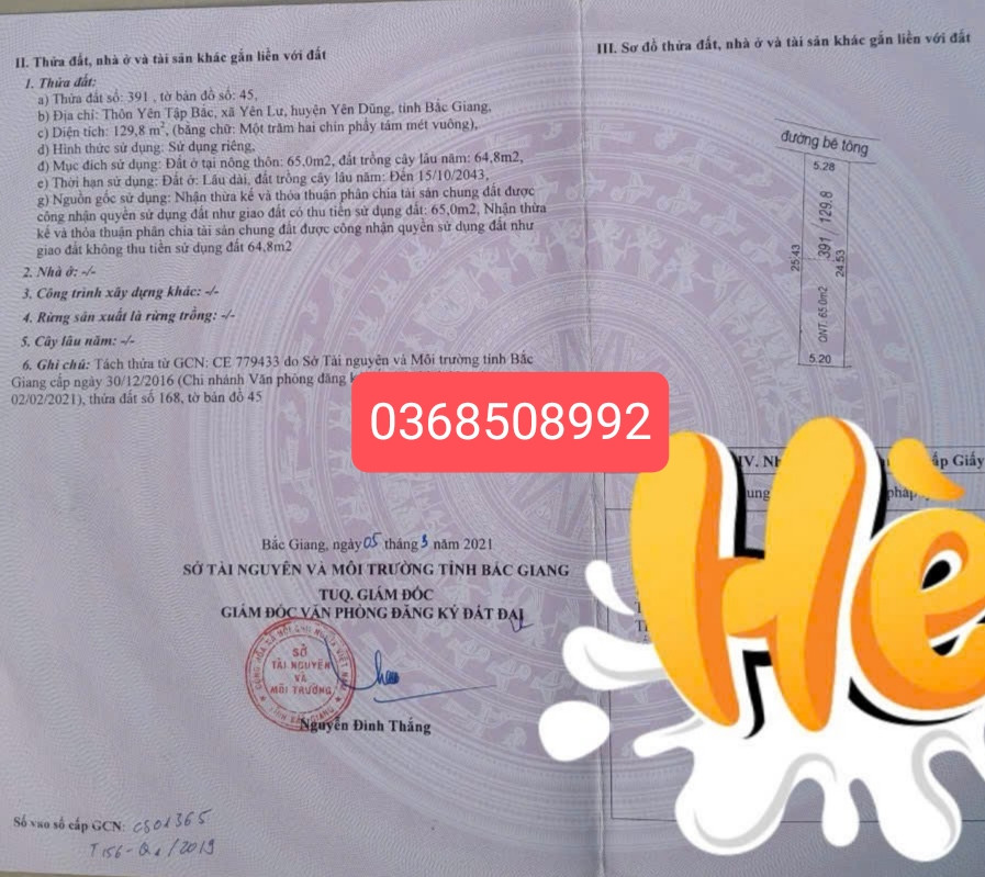 Bán đất 130m² ngang 5,2m giá 1.7 tỷ Phường Yên Dũng