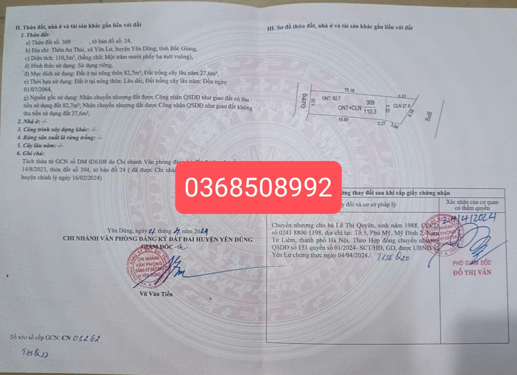 Bán đất 110m² ngang 5m giá 1.9 tỷ Phường Yên Dũng
