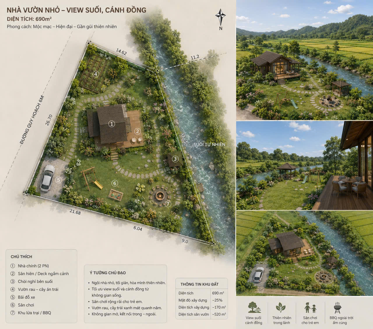 Bán Đất 690m2 có sẵn 300 m2 thổ cư , VIEW suối , ôm trọn cách đồng