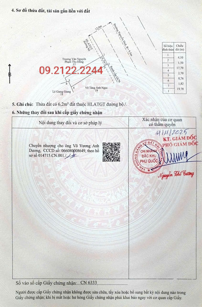Bán đất 85.4m2 Full thổ cư MT đường Nguyễn Huệ giá 6tỷ tại Đặc Khu Phú Quốc